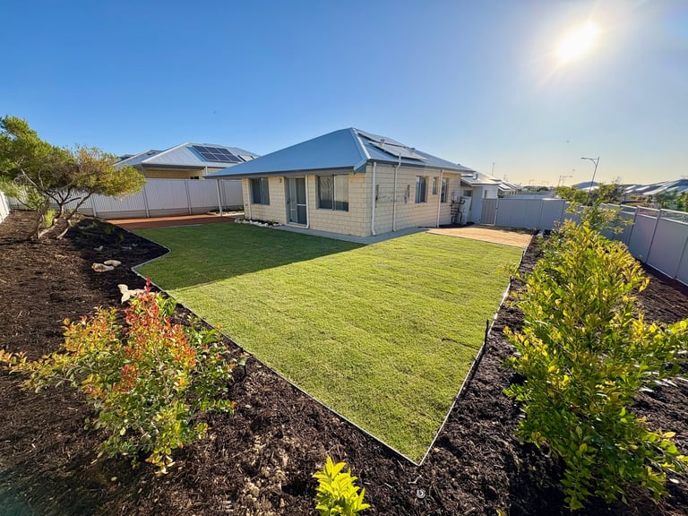 Modern single-story house with gray roof and beige exterior, surrounded by lush green lawn and newly planted landscaping under clear blue sky